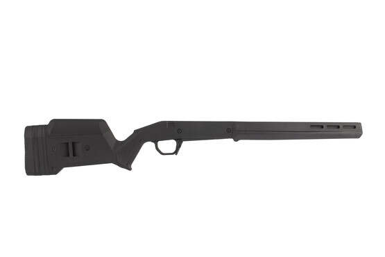 Magpul short action Hunter chassis fits Ruger American rifles with a customizable ergonomics and tactical black coloration